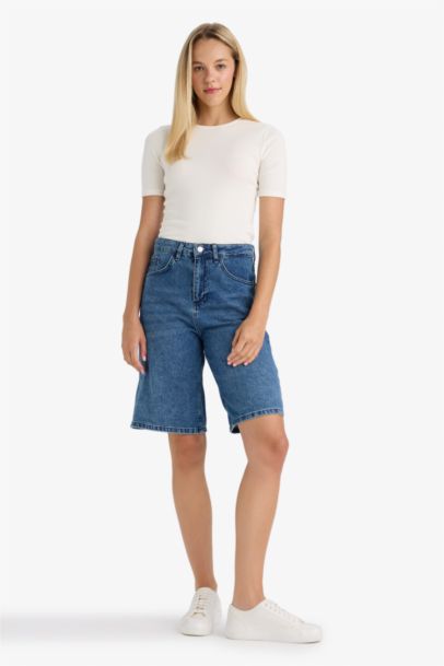 High Waist Denim Bermuda