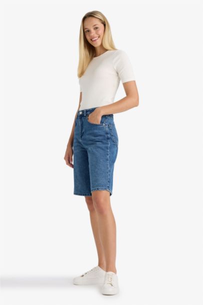 High Waist Denim Bermuda
