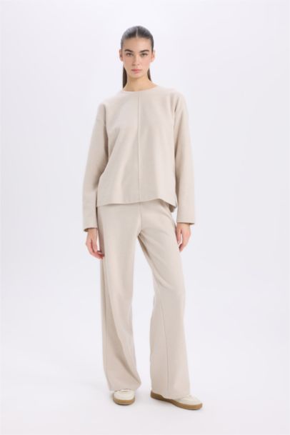 Long Sleeve Basic Top Wide Leg Bottom 2 Piece Set