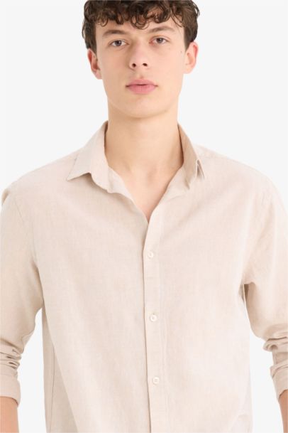 Regular Fit Polo Neck Linen Summer Long Sleeve Shirt