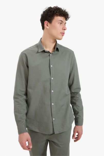 Regular Fit Polo Neck Linen Summer Long Sleeve Shirt