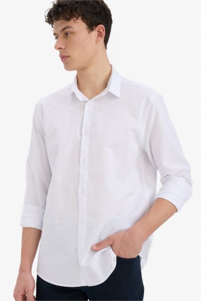 Regular Fit Polo Neck Linen Summer Long Sleeve Shirt