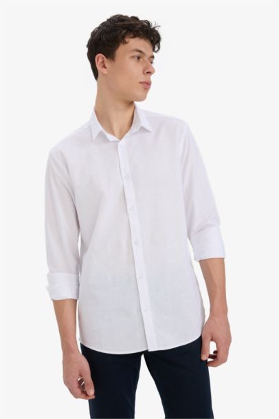 Regular Fit Polo Neck Linen Summer Long Sleeve Shirt