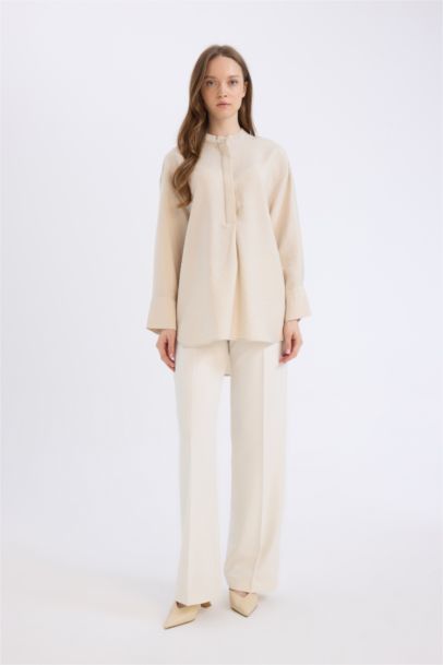 Relax Fit Mandarin Collar Basic Long Sleeve Shirt Tunic