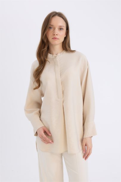 Relax Fit Mandarin Collar Basic Long Sleeve Shirt Tunic