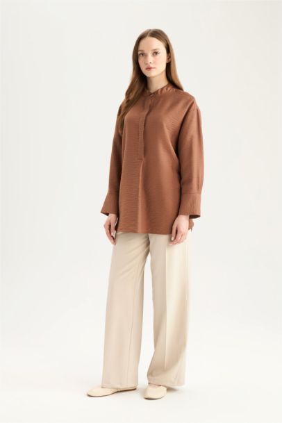 Relax Fit Mandarin Collar Basic Long Sleeve Shirt Tunic