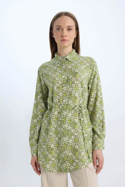 Regular Fit Shirt Collar Printed Long Sleeve Tunic