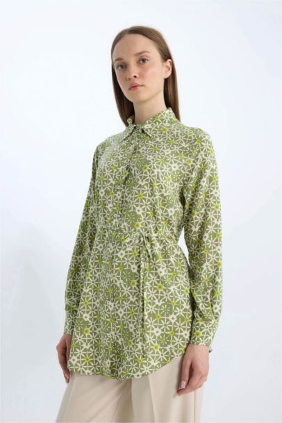 Regular Fit Shirt Collar Printed Long Sleeve Tunic