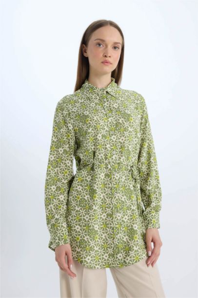 Regular Fit Shirt Collar Printed Long Sleeve Tunic
