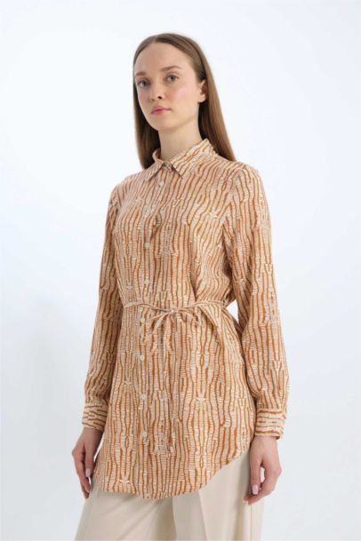 Regular Fit Shirt Collar Printed Long Sleeve Tunic