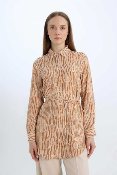 Regular Fit Shirt Collar Printed Long Sleeve Tunic