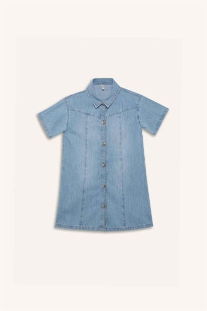 Girl Shirt Collar Short Sleeve Cotton Denim Dress