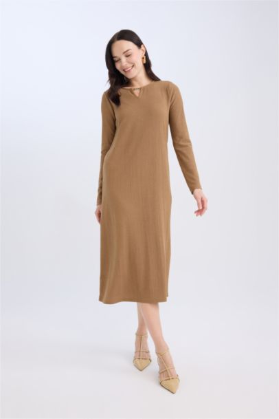 فستان كم طويل القماش المنسوج قصة مستقيمة برقبة مستديرة