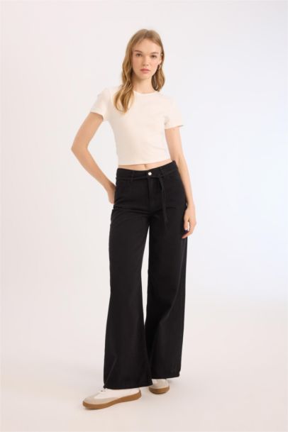 Pantalon taille haute large en gabardine