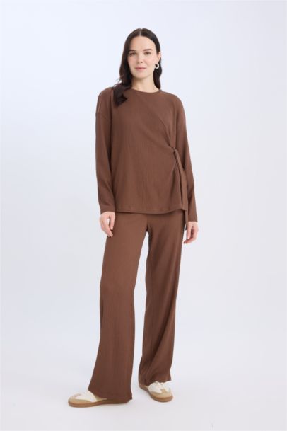 تيشيرت كم طويل القماش المنسوج قصة عادية برقبة مستديرة