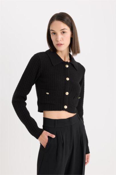 Crop Shirt Collar Cardigan
