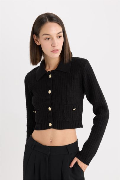 Crop Shirt Collar Cardigan