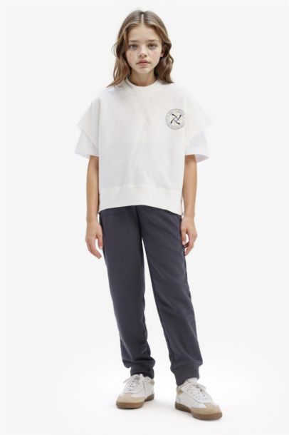 Oversize Geniş Kalıp Bisiklet Yaka Kısa Kollu Baskılı Sweatshirt Kız Çocuk