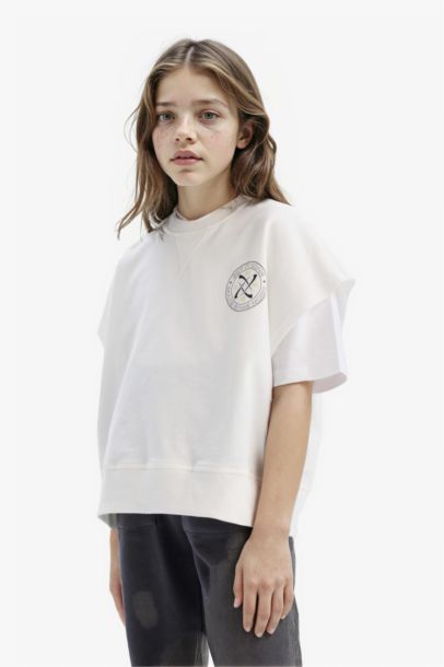 Oversize Geniş Kalıp Bisiklet Yaka Kısa Kollu Baskılı Sweatshirt Kız Çocuk