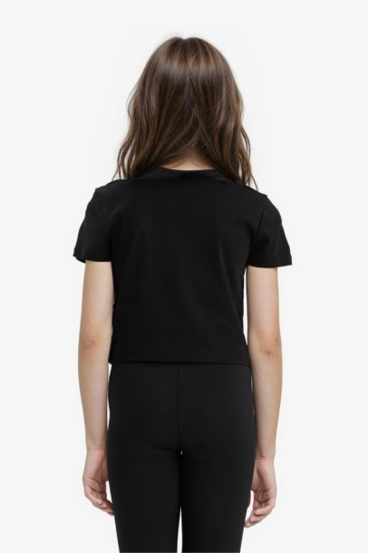 Slim Fit Dar Kesim Bisiklet Yaka Baskılı Fitilli Kaşkorse Kısa Kollu Tişört Kız Çocuk