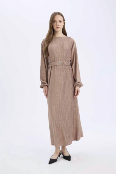 Regular Fit Crew Neck Pleat Dress