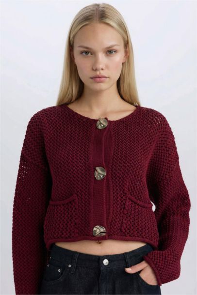 Relax Fit Bisiklet Yaka Düğmeli Örgü Desenli Triko Hırka