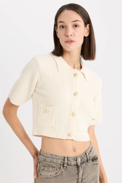 Crop Shirt Collar Cardigan