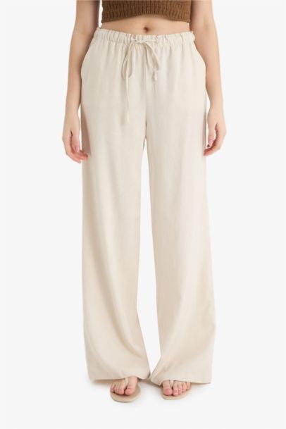Elastic Waist Linen Blend Wide Leg Trousers