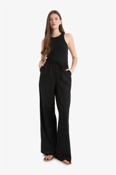 Wide Leg Elastic Waist Linen Blend Trousers