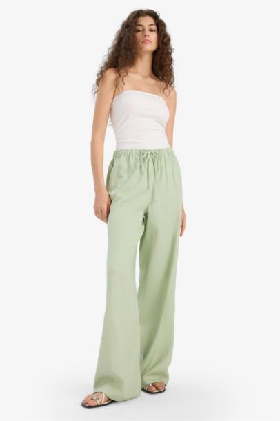 Elastic Waist Linen Blend Wide Leg Trousers
