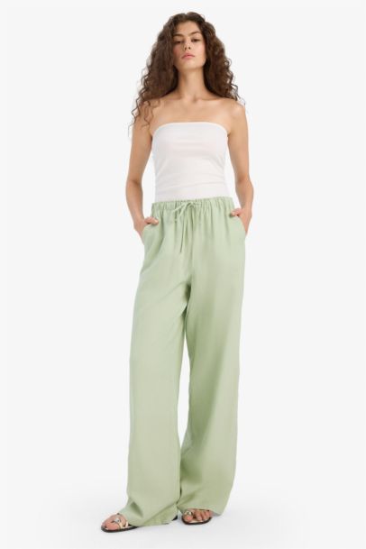 Elastic Waist Linen Blend Wide Leg Trousers