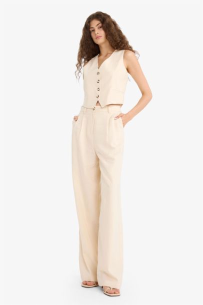 Wide Leg Double Pocket Linen Blended Trousers
