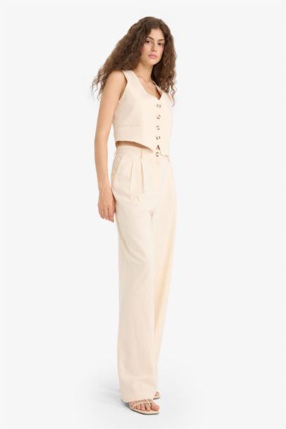 Wide Leg Double Pocket Linen Blended Trousers