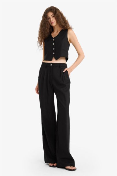 Wide Leg Double Pocket Linen Blended Trousers