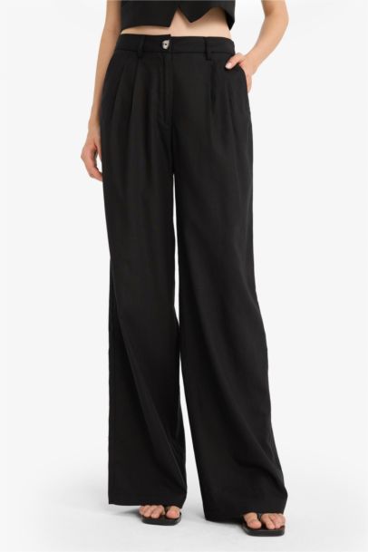 High Waist Linen Blend Wide Leg Trousers