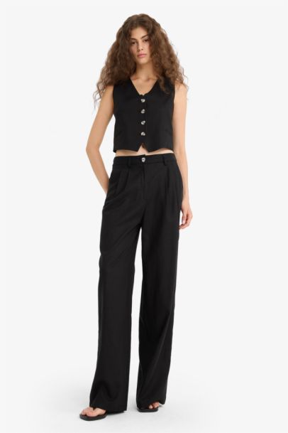 High Waist Linen Blend Wide Leg Trousers