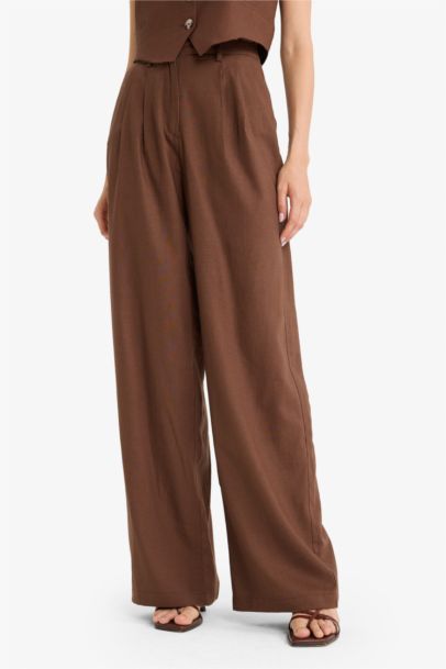 High Waist Standard Length Linen Blend Wide Leg Trousers