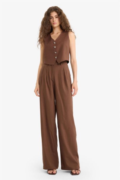 High Waist Standard Length Linen Blend Wide Leg Trousers