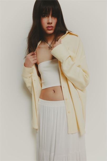 Oversize Fit Shirt Collar Linen Blended Long Sleeve Shirt