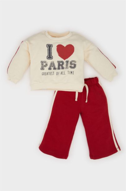 طقم بنات من قطعتين سويت شرت بطبعة شعار برقبة مستديرة و سروال