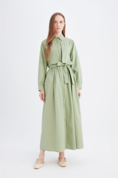 فستان كم طويل بوبلين برقبة قميص