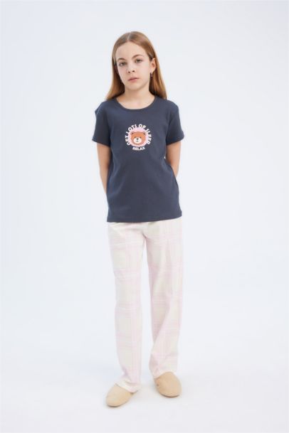 %100 Pamuklu Baskılı Fitilli Kaşkorse Pijama Takımı Kız Çocuk