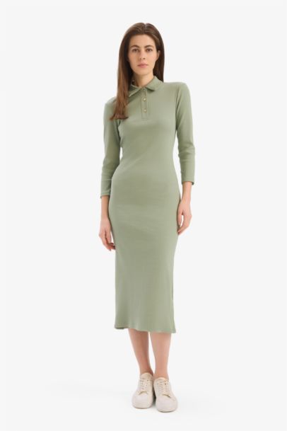 Bodycon Vücudu Saran Polo Yaka Basic Düz Fitilli Kaşkorse Yarım Kollu Midi Elbise