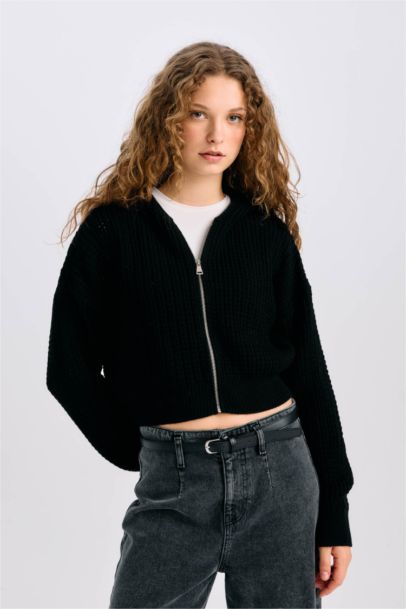 Regular Fit Kapüşonlu Fermuarlı Triko Hırka