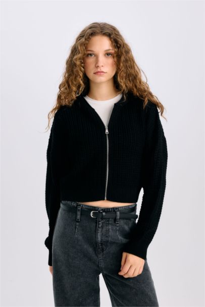 Regular Fit Kapüşonlu Fermuarlı Triko Hırka