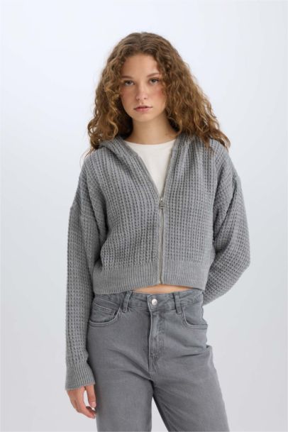 Regular Fit Kapüşonlu Fermuarlı Triko Hırka