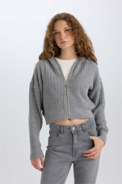 Regular Fit Kapüşonlu Fermuarlı Triko Hırka