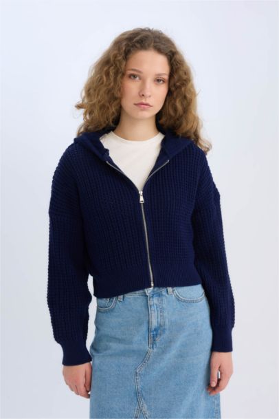 Regular Fit Kapüşonlu Fermuarlı Triko Hırka