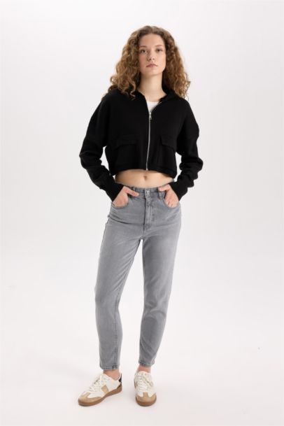 Regular Fit Kapüşonlu Basic Düz Fermuarlı Triko Hırka