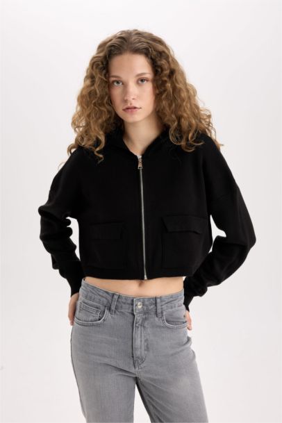 Regular Fit Kapüşonlu Basic Düz Fermuarlı Triko Hırka